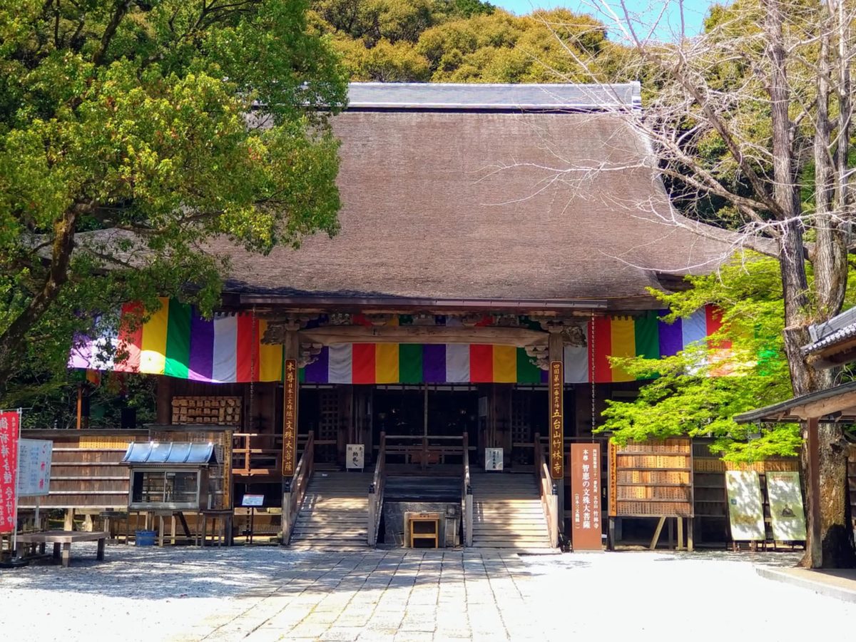 The main hall of Chikurin-ji Temple, with a large thatched roof and a five-coloured curtain across the front, seen from the front across a stone-paved ground with trees on both sides.