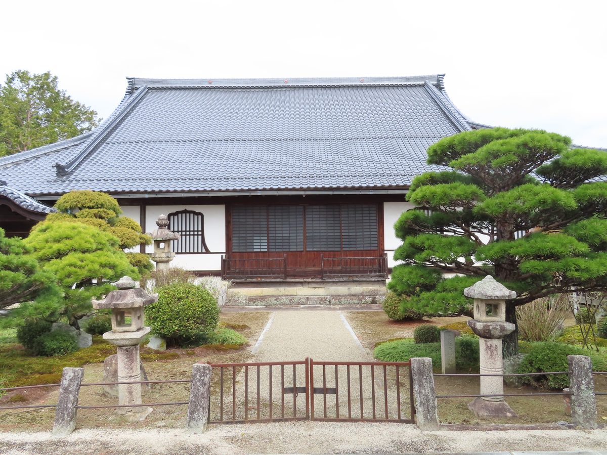 The main hall of Hongenji Temple, with a grey tiled roof, seen from the front behind a low iron gate, stone lanterns and pruned pine trees.