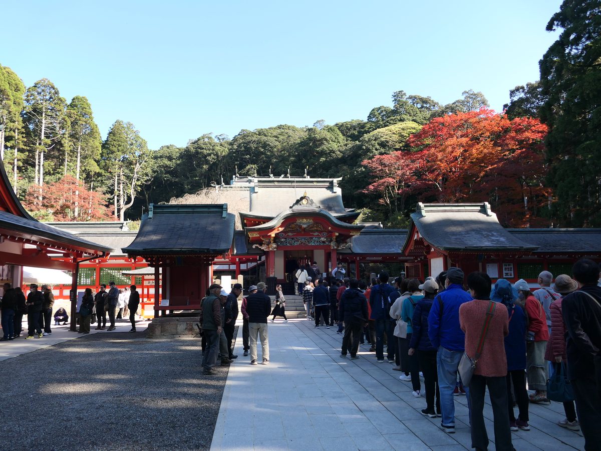 Visitors on the paved approach to the halls of Kirishima Jingu, with autumn leaves behind.