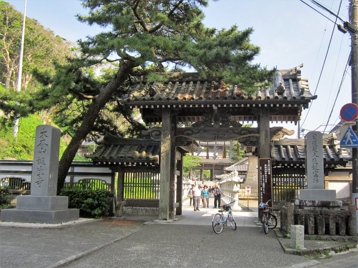A roofed wooden gate with a curved tiled roof beneath a large pine tree, with a tall stone pillar carved with the temple's name on the left and a paved path leading into the temple grounds.